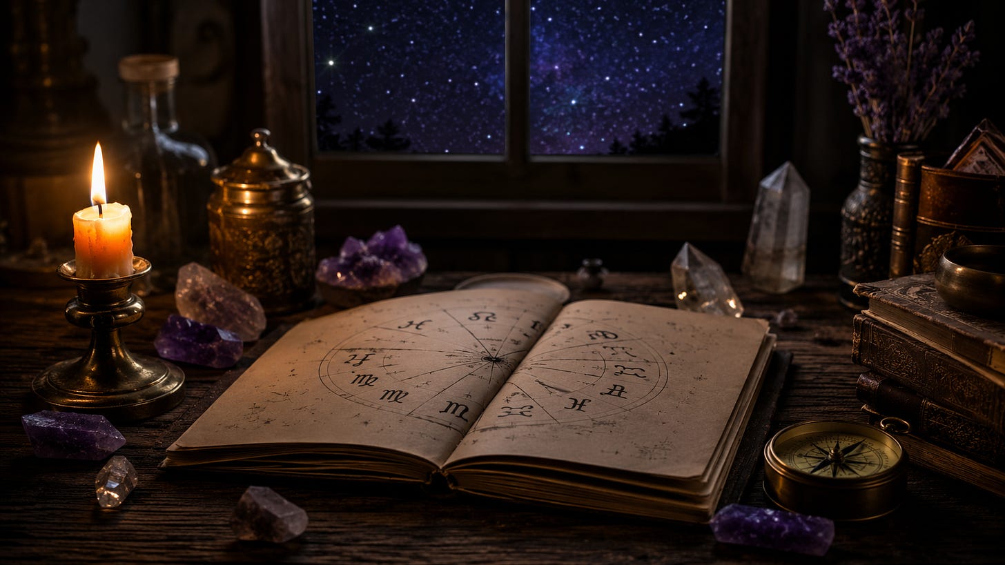 An open book on a candlelit desk under a starry window, with crystals and a brass lamp beside it. An open book on a candlelit desk under a starry window, with crystals and a brass lamp beside it.