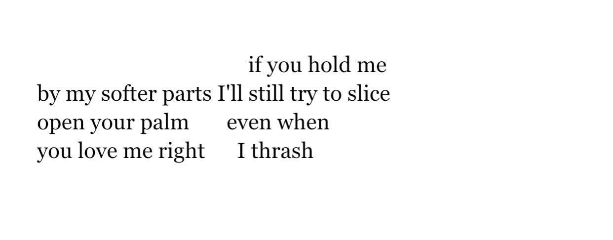 [ID: if you hold me / by my softer parts I'll still try to slice / open your palm even when / you love me right I thrash]