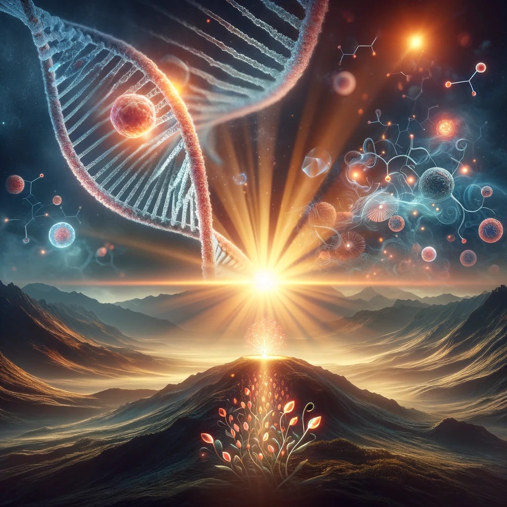 Create an image that symbolizes hope and breakthrough in the field of medical science, focusing on the theme of cancer treatment. Imagine a serene sunrise over a landscape symbolizing the human body, with a vibrant light piercing through darkness, representing the dawn of new treatments. Include subtle elements like the silhouette of a DNA helix intertwining with the rays of light, signifying the role of advanced genetics in cancer therapy. The foreground should feature a stylized representation of healthy cells flourishing under the nourishing light, embodying the positive impact of these new therapies on the body. The overall atmosphere should convey a message of renewal, hope, and the triumph of science over disease, without including any alphabets, numbers, or specific identifiable human features.