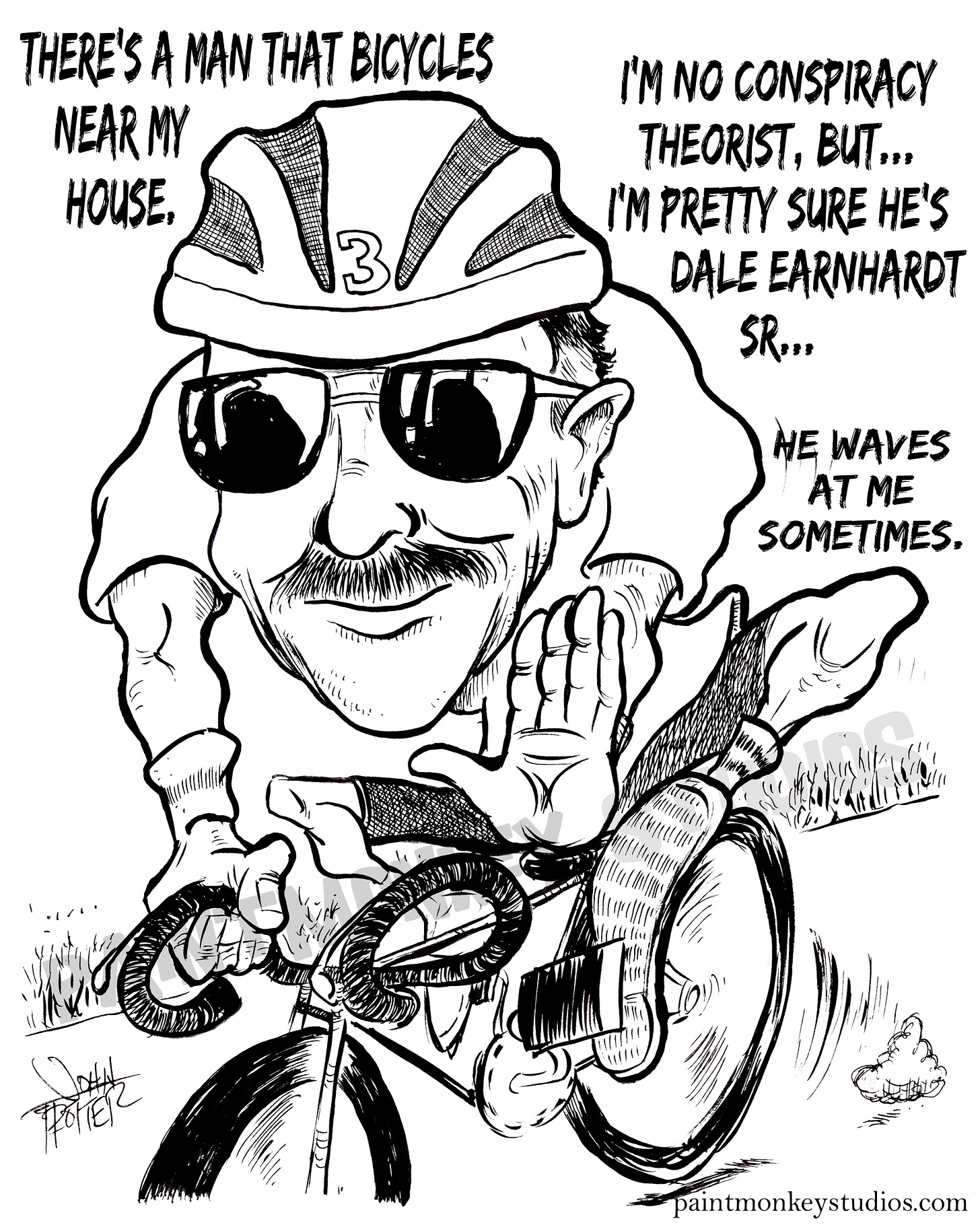 B/W cartoon of a man on a bicycle who looks suspiciously like Dale Earnhardt Sr.