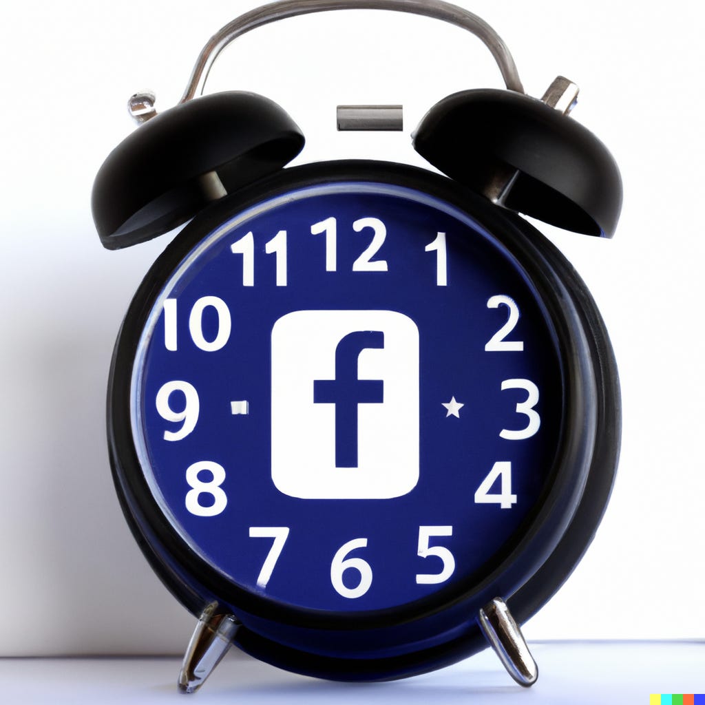 “an alarm clock showing the facebook logo” / DALL-E “an alarm clock showing the facebook logo” / DALL-E
