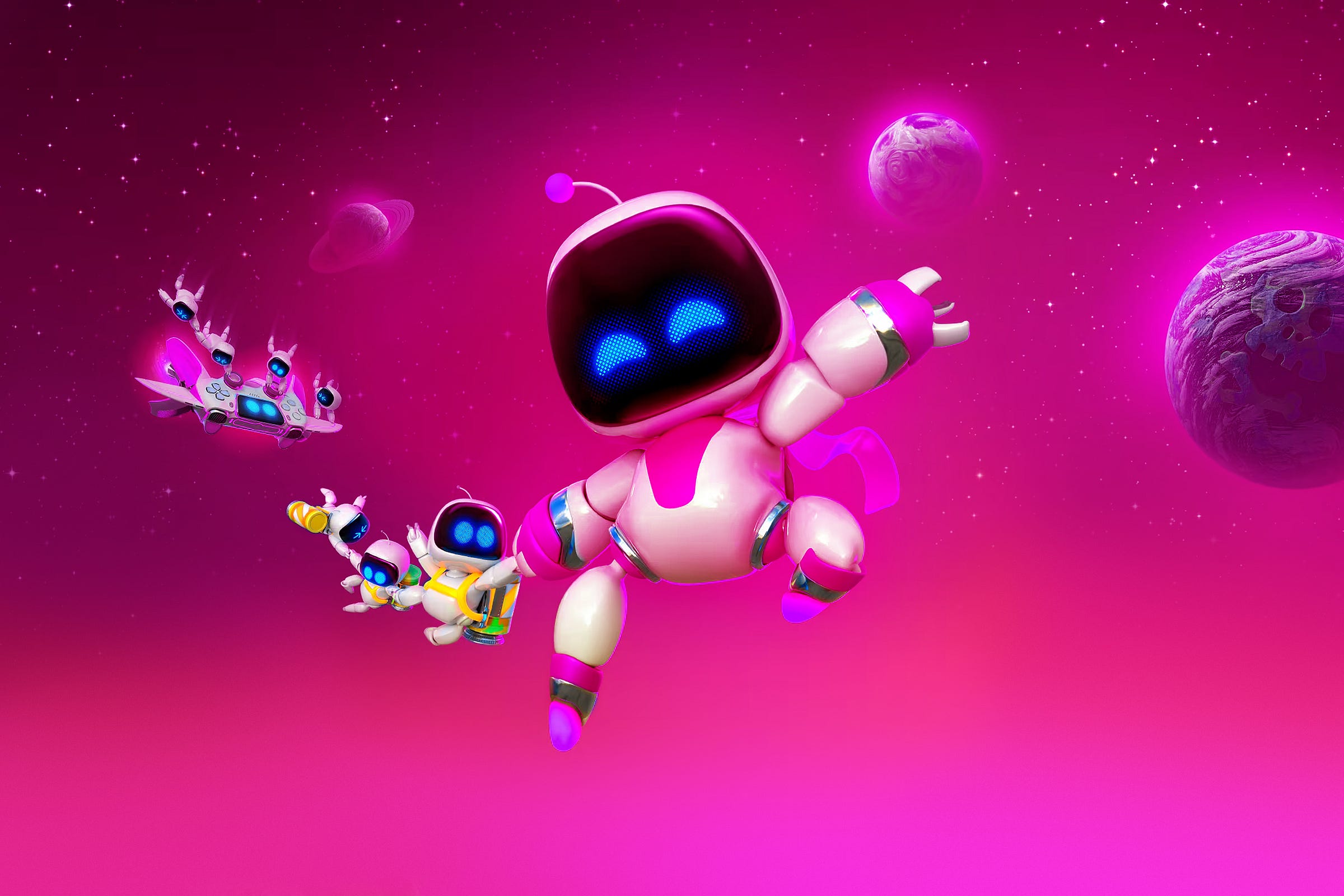 Astro Bot video game characters floating on a pink space background with three planets.