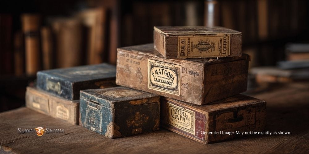 Rustic cigar boxes stacked on a wooden table in a 19th-century study.