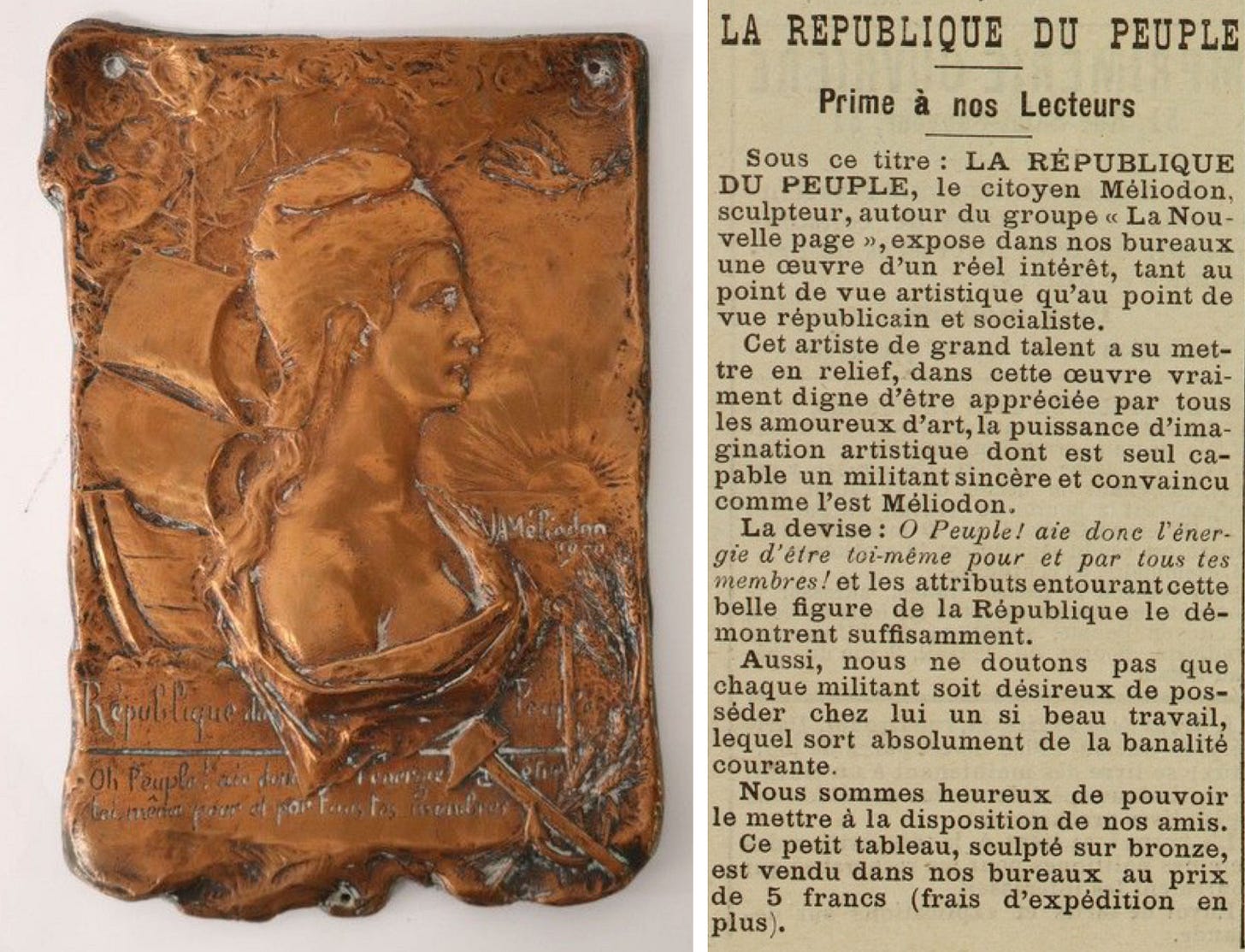 Jules André Méliodon, La République du Peuple, 1900 (© Cöte Basque Enchères, 2021-03-27 lot #436) (left) ; article from Le Cri du Peuple, 20 Octobre 1901 (right). Jules André Méliodon, La République du Peuple, 1900 (© Cöte Basque Enchères, 2021-03-27 lot #436) (left) ; article from Le Cri du Peuple, 20 Octobre 1901 (right).