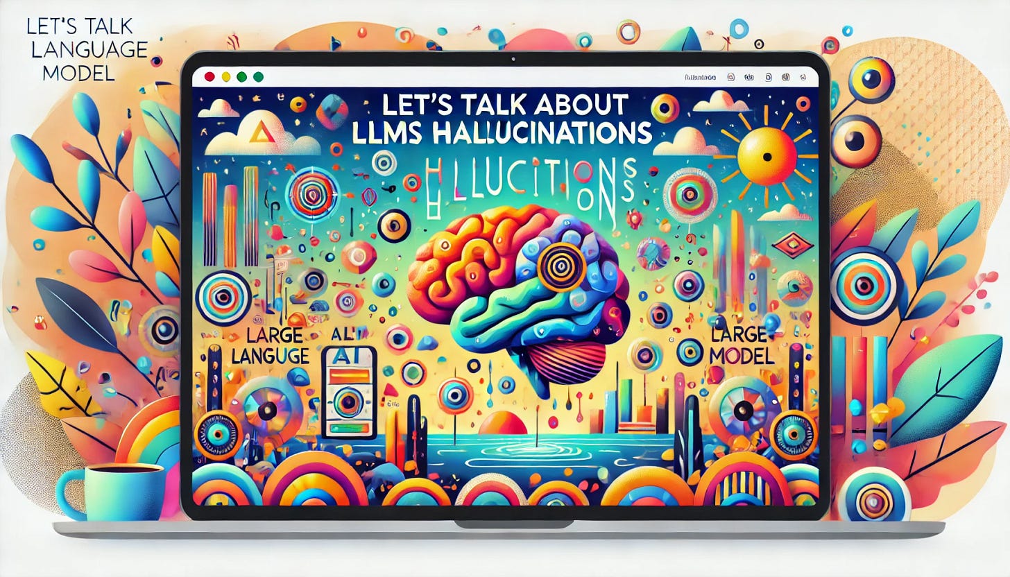 A vibrant and engaging blog header image featuring the theme 'Let's Talk About LLMs Hallucinations'. The scene includes a colorful, playful depiction of a large language model (symbolized by a futuristic AI brain or holographic computer screen) surrounded by abstract, whimsical elements representing hallucinations, such as floating words, distorted objects, and surreal landscapes. The overall style is modern, dynamic, and cheerful, with bright colors and a mix of technology and fantasy elements. The text 'Let's Talk About LLMs Hallucinations' is prominently displayed in a bold, friendly font. A vibrant and engaging blog header image featuring the theme 'Let's Talk About LLMs Hallucinations'. The scene includes a colorful, playful depiction of a large language model (symbolized by a futuristic AI brain or holographic computer screen) surrounded by abstract, whimsical elements representing hallucinations, such as floating words, distorted objects, and surreal landscapes. The overall style is modern, dynamic, and cheerful, with bright colors and a mix of technology and fantasy elements. The text 'Let's Talk About LLMs Hallucinations' is prominently displayed in a bold, friendly font.