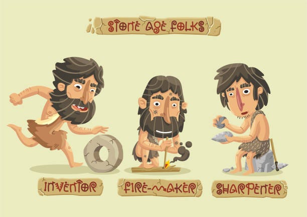 Stone age characters set  caveman innovation invention stone age stock illustrations