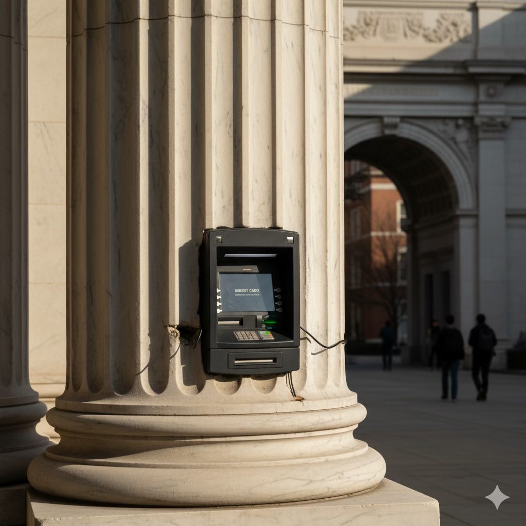 A modern ATM machine is crudely embedded into the side of a grand, classical marble column, suggesting a clash between timeless value and temporary access. A modern ATM machine is crudely embedded into the side of a grand, classical marble column, suggesting a clash between timeless value and temporary access.