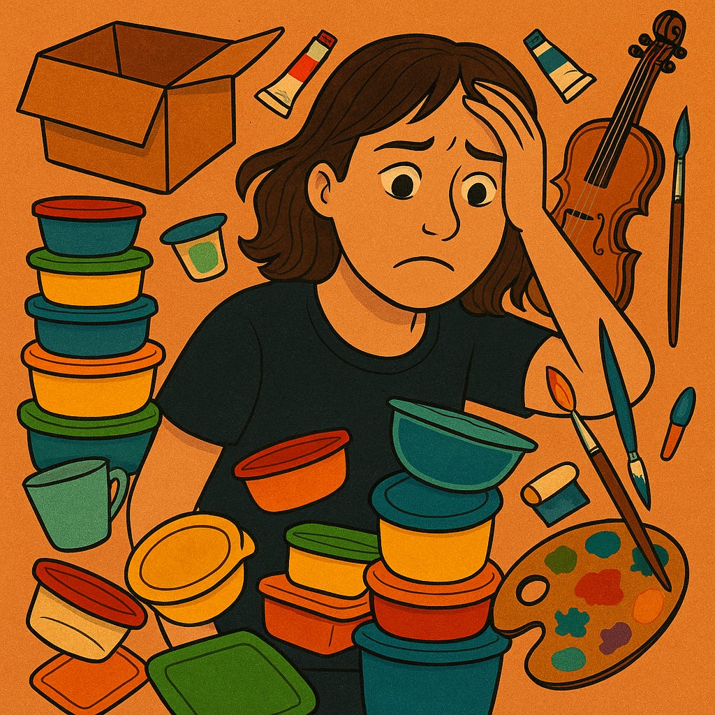 Colorful cartoon-style illustration of a woman surrounded by a chaotic jumble of objects — paintbrushes, art supplies, and Tupperware containers — looking distracted and overwhelmed by the mess. Colorful cartoon-style illustration of a woman surrounded by a chaotic jumble of objects — paintbrushes, art supplies, and Tupperware containers — looking distracted and overwhelmed by the mess.