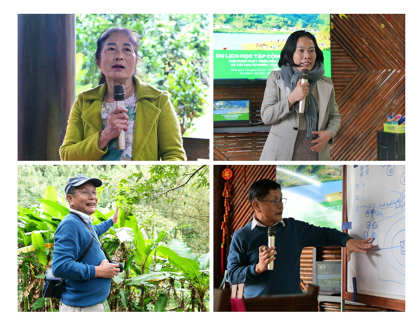 Usually, those who cook and handle logistics are not prominently featured in training, tourism, or learning programs. However, this introduction session included the very people who made this program run smoothly: the cooking team—Aunt Lắm, Aunt Phụng, Aunt Xí, Aunt Xuân, and Aunt Lý—as well as the “transportation team,” with Mr. Hưởng supporting bicycle and transportation arrangements in Hòa Bắc. Everyone was enthusiastic and open in sharing: “If you have any feedback to help us serve you better, we are more than happy to listen and improve.” This was a rare moment—where the local community was not just a passive host but an active participant in engaging with visitors. It was even more remarkable that they also expressed a genuine desire to learn from guests while eagerly sharing their own experiences and knowledge.