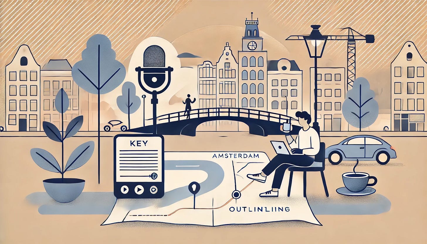 A minimalist landscape illustration featuring a writer walking while dictating into a device, a simple outline of Amsterdam’s cityscape with a canal bridge, a structured roadmap symbolizing planning and outlining, and a relaxed figure enjoying coffee. The scene has a calm, creative atmosphere with a limited, harmonious color palette.