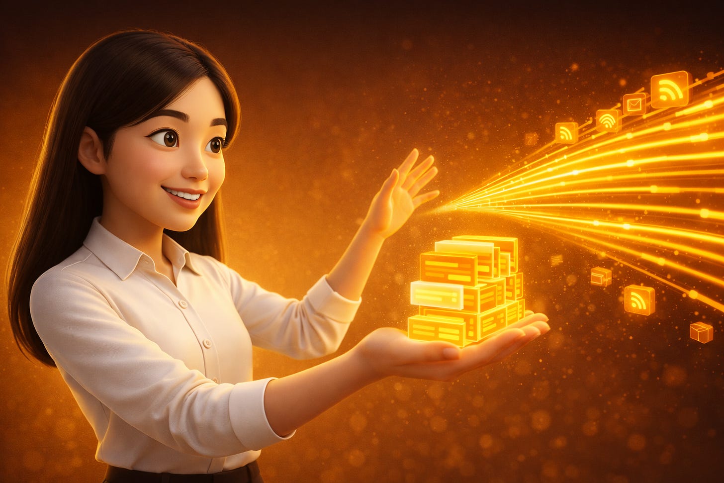 Pixar-style 3D illustration of Jenny Ouyang from Build to Launch orchestrating multiple data streams that converge into organized deal cards, representing AI-powered ecosystem research and app building Pixar-style 3D illustration of Jenny Ouyang from Build to Launch orchestrating multiple data streams that converge into organized deal cards, representing AI-powered ecosystem research and app building