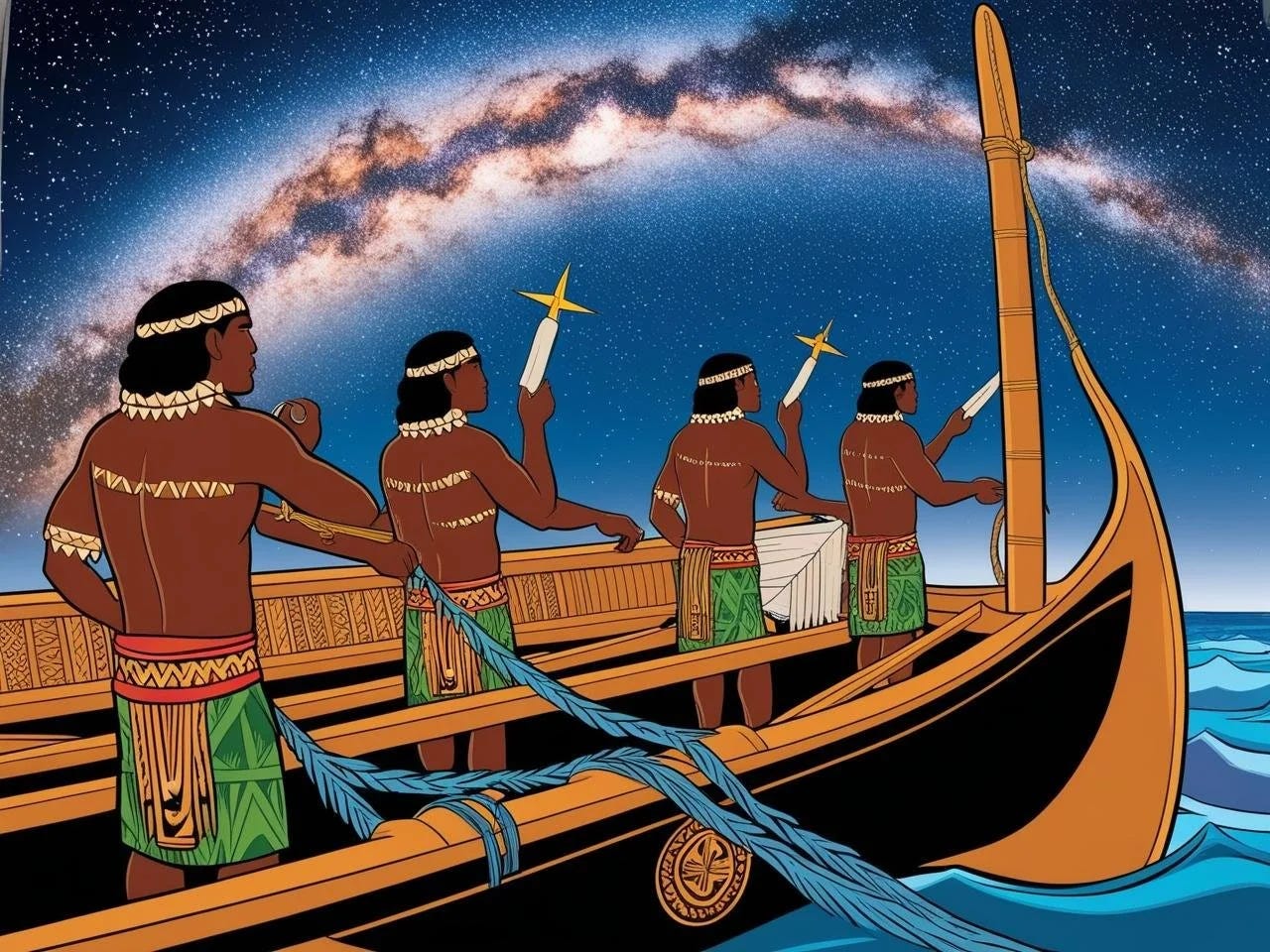 A colorful drawing/painting of ancient Polynesian Wayfinders on their canoe consulting cosmic features to guide them across the ocean. A colorful drawing/painting of ancient Polynesian Wayfinders on their canoe consulting cosmic features to guide them across the ocean.