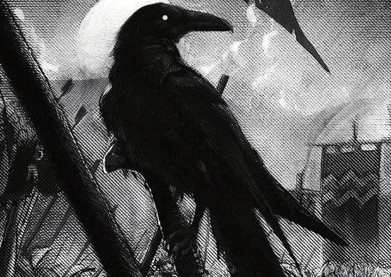 This may contain: a black bird sitting on top of a pile of rubble next to a full moon
