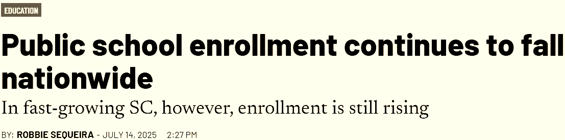 Headline reporting continued U.S. public school enrollment decline in 2025, with South Carolina as a key growth exception Headline reporting continued U.S. public school enrollment decline in 2025, with South Carolina as a key growth exception