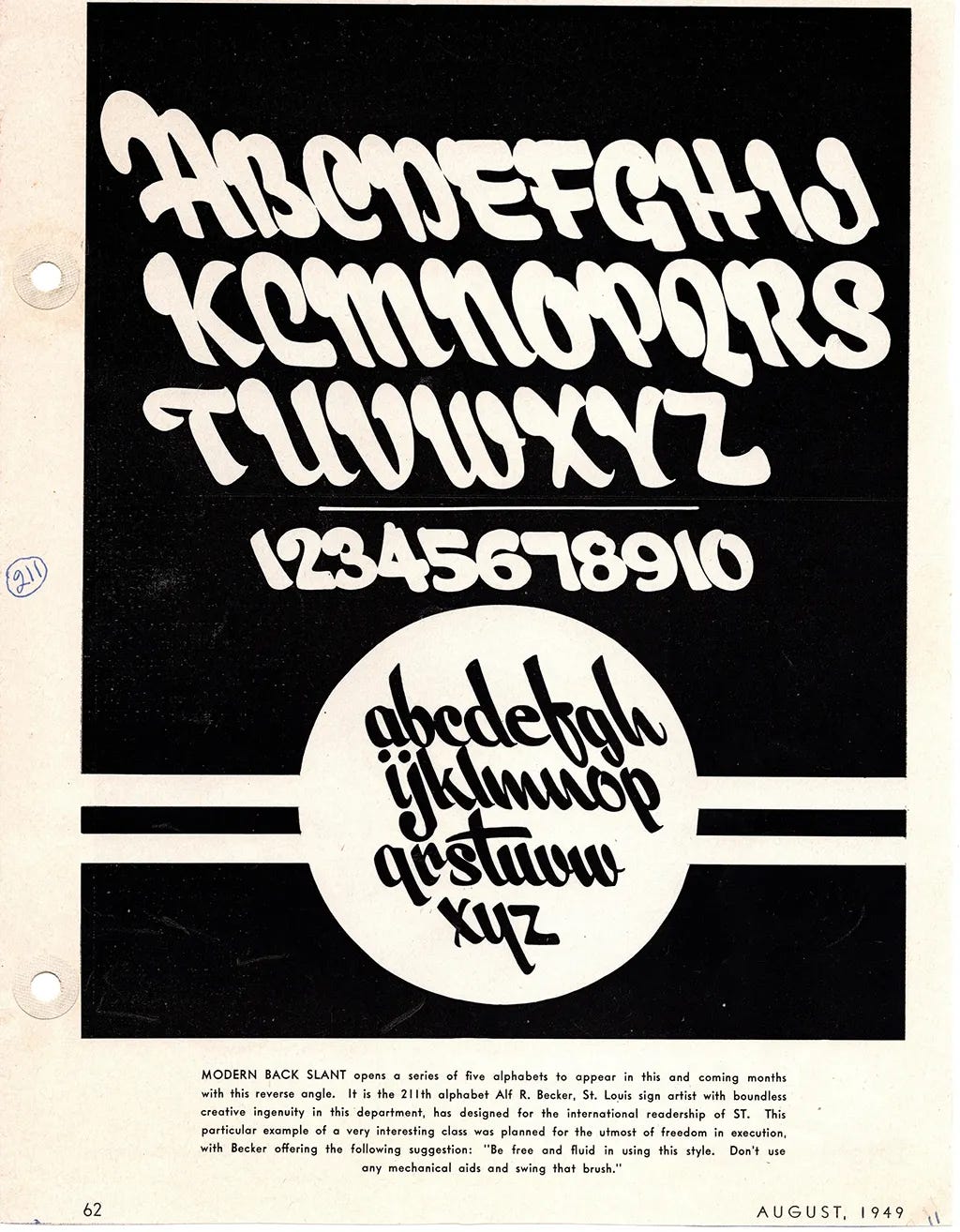 Alphabet No. 211 from Alf R. Becker's Signs of the Times series — Modern Back Slant, a bold reverse-angle brush script with uppercase, lowercase, and numerals, shown in white on black, August 1949.