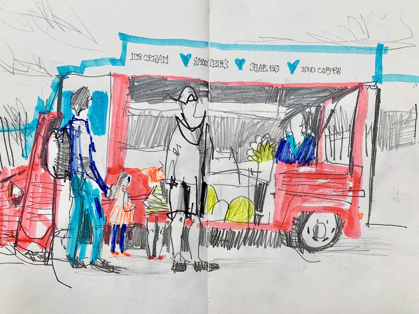 Moleskine Sketchbook, A5, pencil and highlighter drawing of a vintage, pink Citroën ice cream van on Bantham Beach, Devon, with two dads and two kids waiting in line