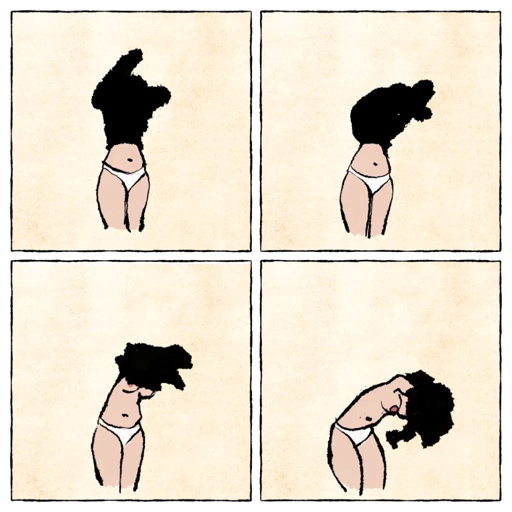 Vertical webtoon comic strip by Alfie showing a woman with long hair taking off her black top, drawn with traditional ink lines and halftone textures. Vertical webtoon comic strip by Alfie showing a woman with long hair taking off her black top, drawn with traditional ink lines and halftone textures.