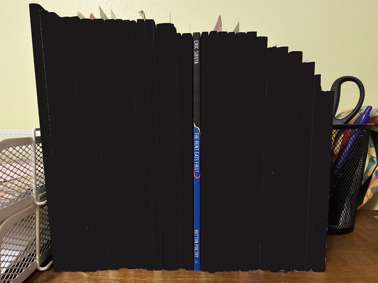 One book's spine is revealed: Eric Sirota, "The Rent Eats First."