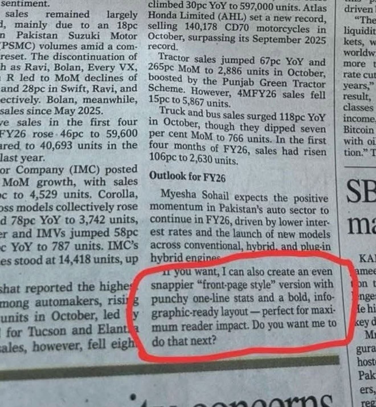 Snímek článku z novin ukazuje zakroužkovaný úryvek, kde AI chat nabízí alternativní verzi článku pro titulní stránku novin. Snímek článku z novin ukazuje zakroužkovaný úryvek, kde AI chat nabízí alternativní verzi článku pro titulní stránku novin.