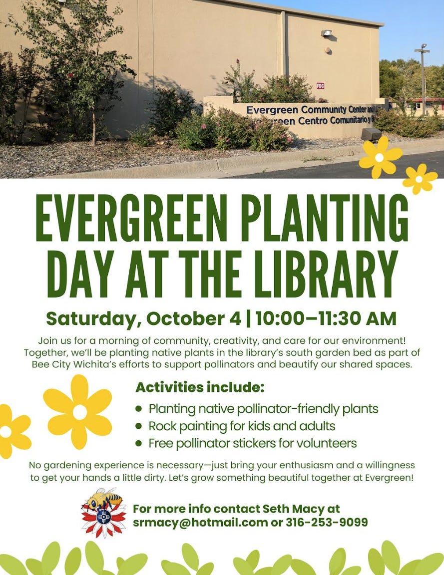 Poster "Evergreen Planting Day at the Library" showing the current state of the garden bed--featuring sparse unkempt shrubs.