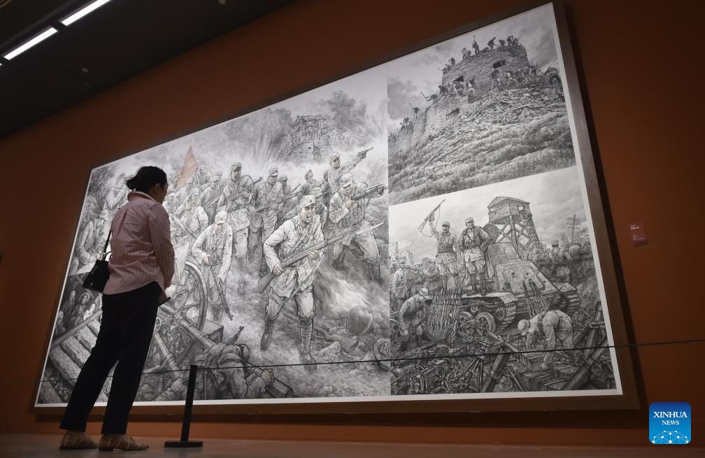 A visitor views a painting at the National Art Museum of China in Beijing, capital of China, Aug. 25, 2025. An art exhibition commemorating the 80th anniversary of the victory in the Chinese People's War of Resistance Against Japanese Aggression and the World Anti-Fascist War.