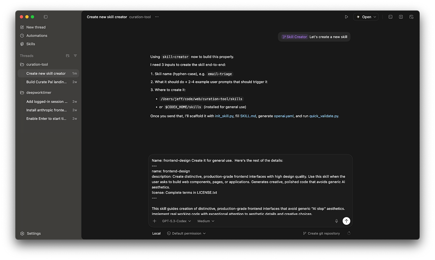 Screenshot of the Codex app new skill creation workflow Screenshot of the Codex app new skill creation workflow