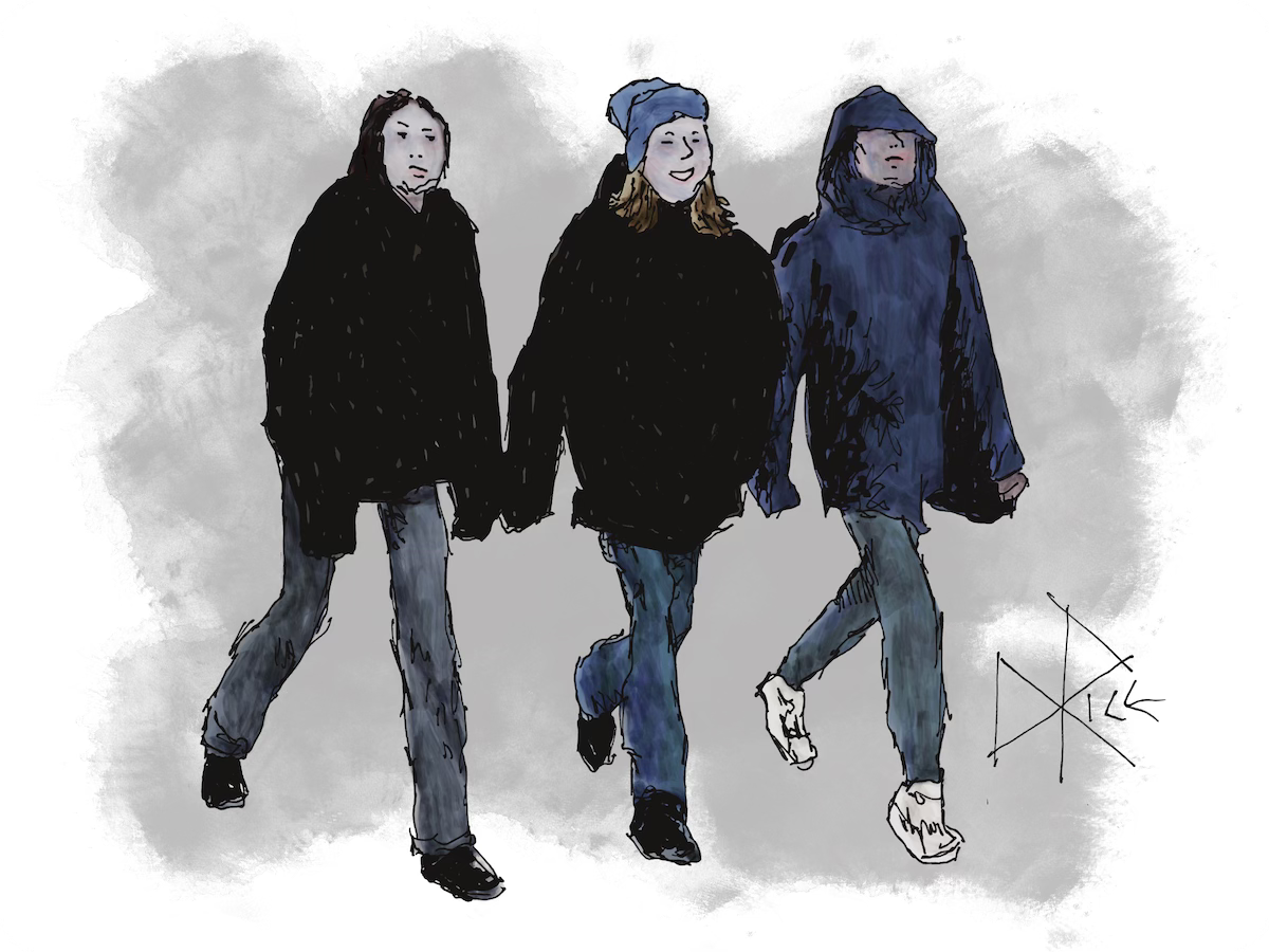 Three teen friends out walking in winter, their steps having become in synch over time. Sketch art by Don Rice. Three teen friends out walking in winter, their steps having become in synch over time. Sketch art by Don Rice.