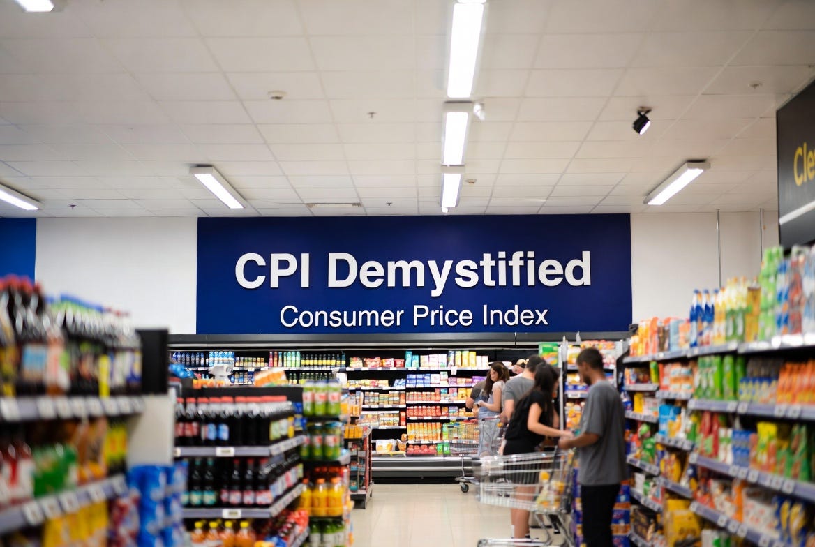 An interior view of a supermarket aisle with shelves stocked with various beverages. A large sign above reads "CPI Demystified" and "Consumer Price Index," indicating a promotional section. Shoppers are visible in the aisle.