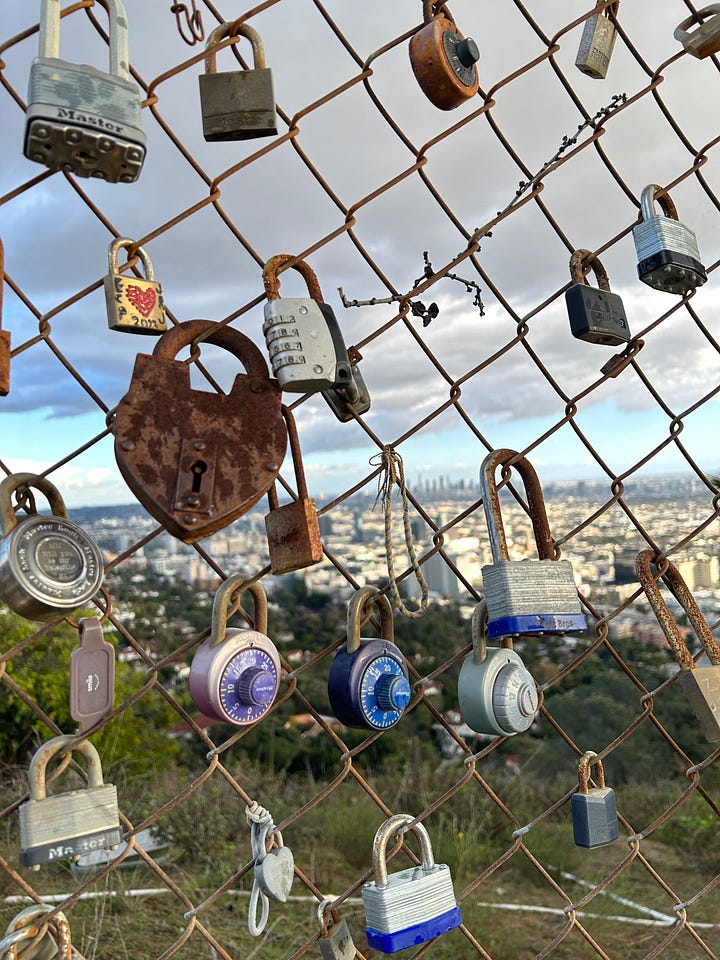 The view of DTLA from Runyon Canyon, including through a fence with multiple locks attached to it, as well as the view of the Hollywood Sign.