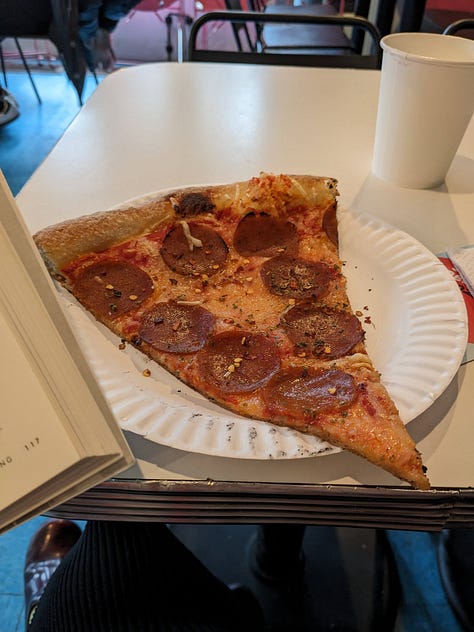 a photo collage of slices of pizza