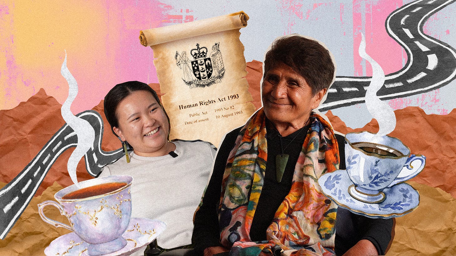 a collage of Eda and Cecelia smiling at one another, with illustrations of cups of tea, the Human Rights Act 1993 and a windy road behind them