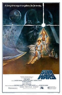 Film poster showing Luke Skywalker holding a lightsaber in the air, Princess Leia kneeling beside him, and R2-D2 and C-3PO behind them. A figure of the head of Darth Vader and the Death Star with several starfighters heading towards it are shown in the background. Atop the image is the tagline "A long time ago in a galaxy far, far away ..." On the bottom right is the film's logo, and the credits and the production details below that. Film poster showing Luke Skywalker holding a lightsaber in the air, Princess Leia kneeling beside him, and R2-D2 and C-3PO behind them. A figure of the head of Darth Vader and the Death Star with several starfighters heading towards it are shown in the background. Atop the image is the tagline "A long time ago in a galaxy far, far away ..." On the bottom right is the film's logo, and the credits and the production details below that.