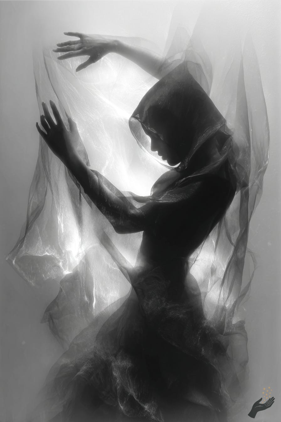 A soft, motion-blurred black and white image of a veiled figure with raised arms. The body dissolves into mist and pale haze at the edges, blurring where it meets the background. A soft, motion-blurred black and white image of a veiled figure with raised arms. The body dissolves into mist and pale haze at the edges, blurring where it meets the background.