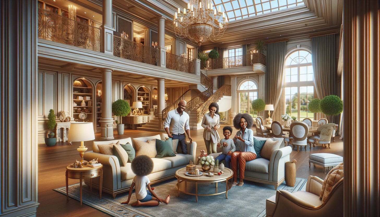 An African American family living inside a huge mansion with a luxurious yet more subdued and realistic vibe. The family is gathered in a spacious, elegantly decorated living room with tasteful furnishings and luxurious accents. The atmosphere is warm and joyful, with family members interacting happily. The mansion's interior showcases opulent details, high ceilings, and large windows, with a more natural and realistic color palette and decor emphasizing the grandeur and comfort of their home.