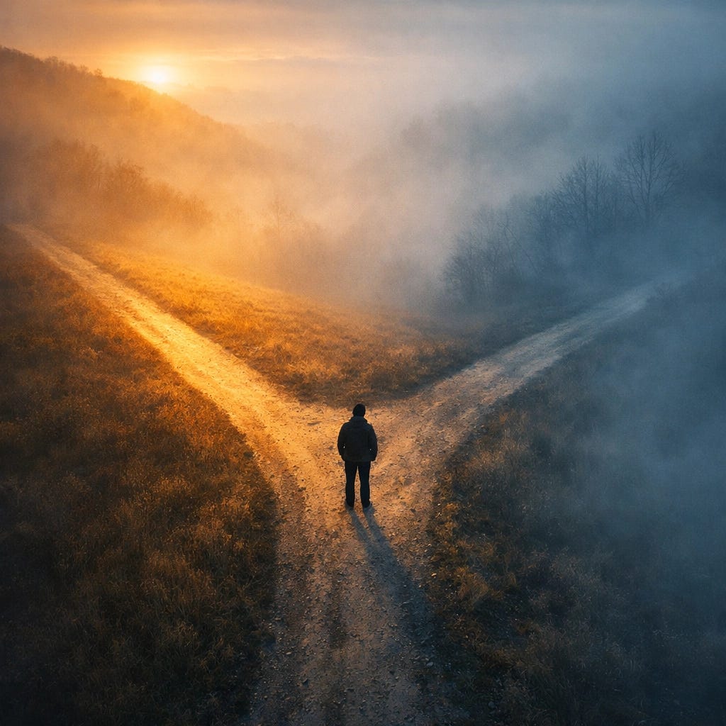 Person standing at crossroads choosing between paths representing truth and confusion Person standing at crossroads choosing between paths representing truth and confusion