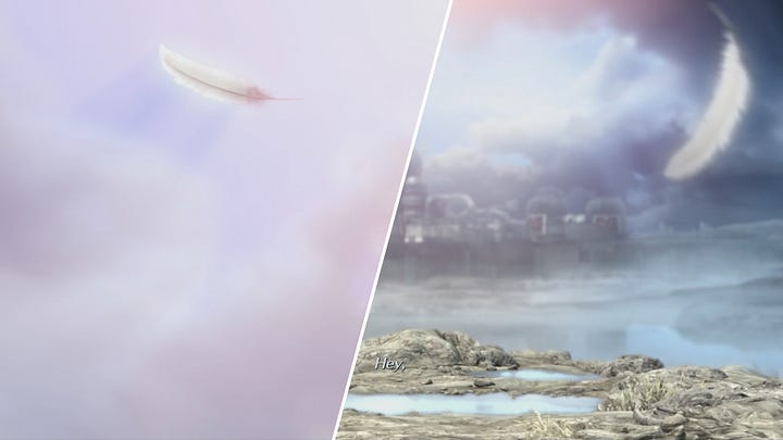 Comparison of the white feather between Rebirth's prologue and Crisis Core's ending
