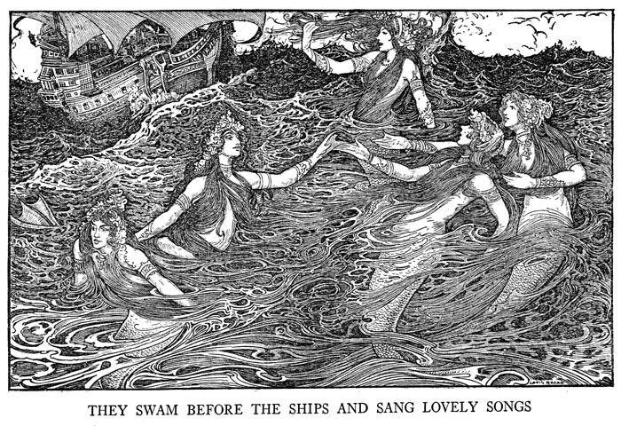 This may contain: three mermaids are swimming in the water