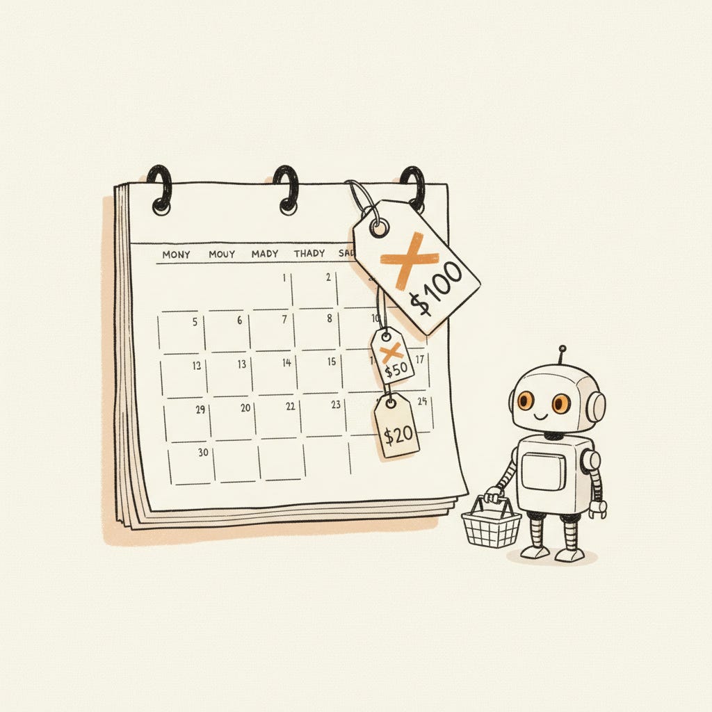 A wall calendar with price tags getting smaller and smaller, and a happy robot with a basket