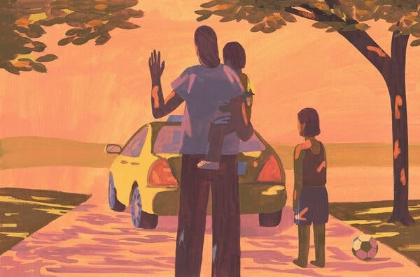 An illustration of a parent and two small children outside, standing under the shade of two trees and waving goodbye to a taxing pulling out of the driveway. An illustration of a parent and two small children outside, standing under the shade of two trees and waving goodbye to a taxing pulling out of the driveway.