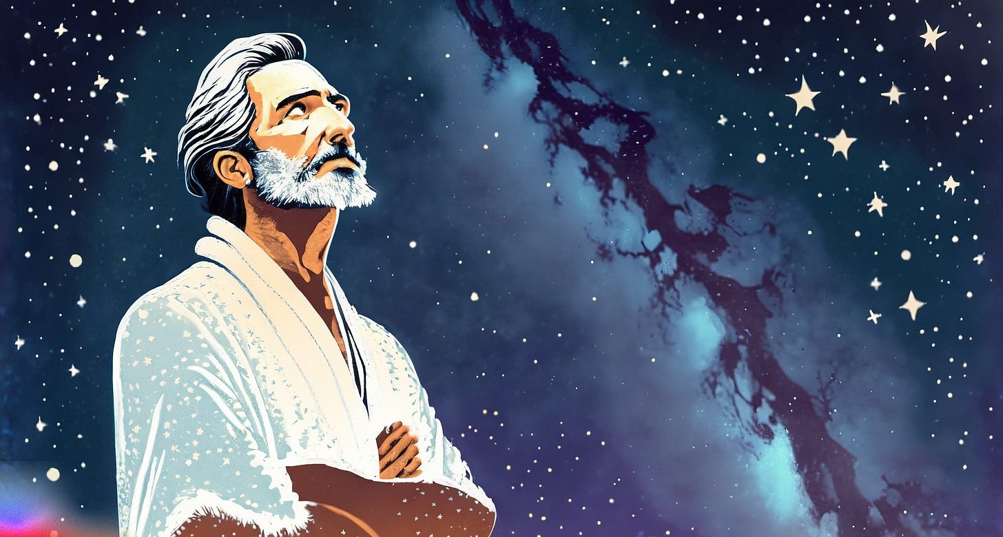 An A.I. generated image of a man staring up at a starry sky