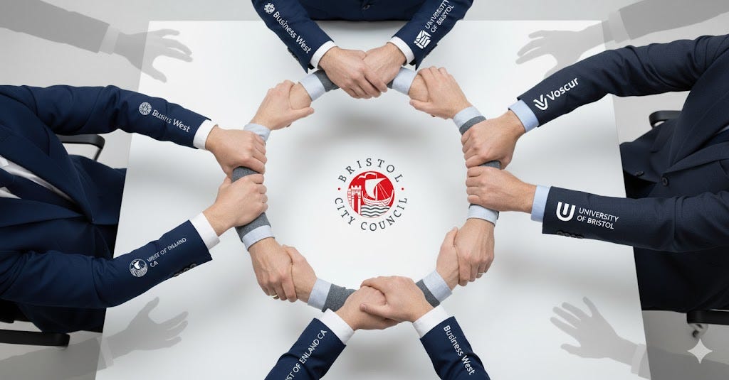 Overhead photograph showing institutional partners in formal business attire linking arms in a closed circle around the Bristol City Council logo. Visible organisations include Voscur, University of Bristol, Business West, Bishop of Bristol, and Bristol Waste, illustrating the self-referential nature of Bristol's institutional partnerships Overhead photograph showing institutional partners in formal business attire linking arms in a closed circle around the Bristol City Council logo. Visible organisations include Voscur, University of Bristol, Business West, Bishop of Bristol, and Bristol Waste, illustrating the self-referential nature of Bristol's institutional partnerships