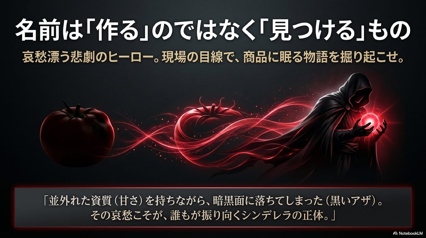 「名前は作るのではなく見つけるもの」の解説図。黒いトマトが闇のマントをまとったキャラクターに変身するイラストと命名由来の説明 「名前は作るのではなく見つけるもの」の解説図。黒いトマトが闇のマントをまとったキャラクターに変身するイラストと命名由来の説明