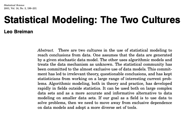 Juan Mateos Garcia on X: "It was fun to re-read Leo Breiman's classic paper  about statistical and machine learning modeling cultures. Published in 2001  as ML was starting its renaissance, its calls