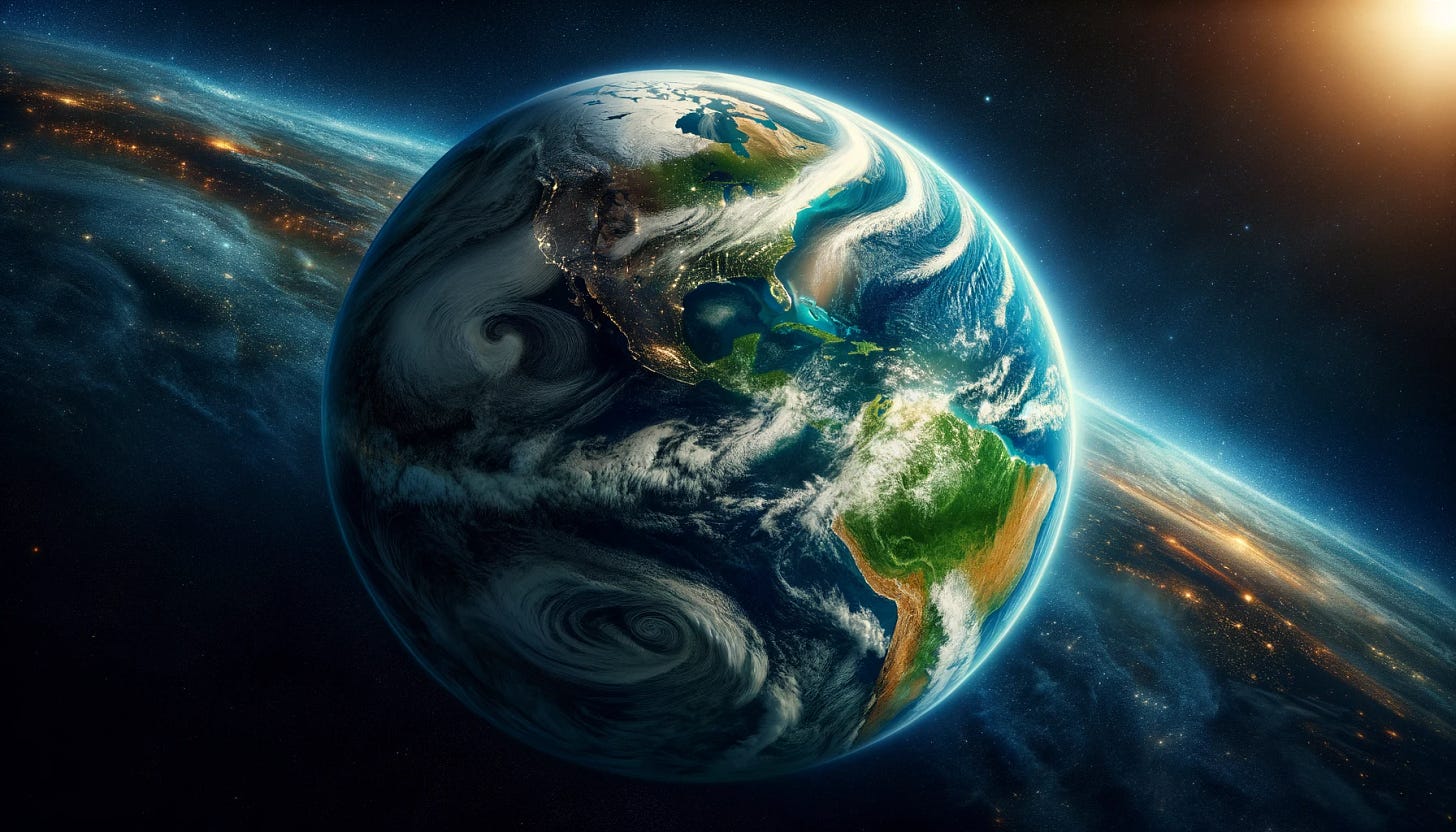 A breathtaking view of Earth from space. The planet is seen in its entirety with vibrant blue oceans, lush green continents, and swirling white clouds. The curvature of the Earth is visible against the dark backdrop of space, filled with distant stars. The image captures the beauty and fragility of our planet, evoking a sense of wonder and appreciation for the natural world. The horizon glows faintly with the sunrise, adding a touch of golden light to the scene.