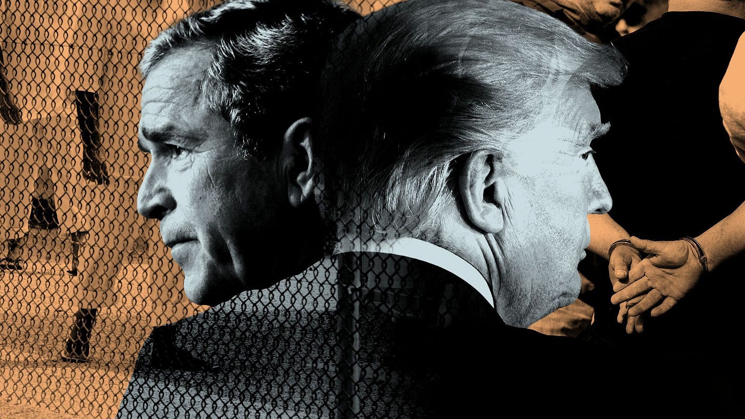 Photo illustration of Presidents George W. Bush and Donald Trump with a photo of detainees at Guantanamo Naval Base and ICE agents detaining a suspect