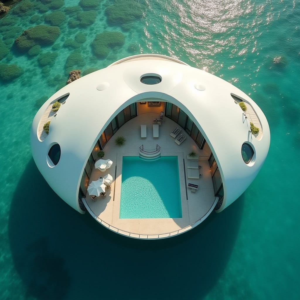 A sleek, modern house resembling a stylized eye, viewed from directly above, its sleek lines and curved architecture blending seamlessly into the turquoise waters of the Caribbean Sea off the coast of Jamaica. A serene swimming pool, shimmering like the iris, occupies the center of the "eye", surrounded by expansive windows and minimalist balconies that seem to float above the ocean's surface. The property's innovative design appears to merge organically with the sea, as if grown from the coral reef itself.