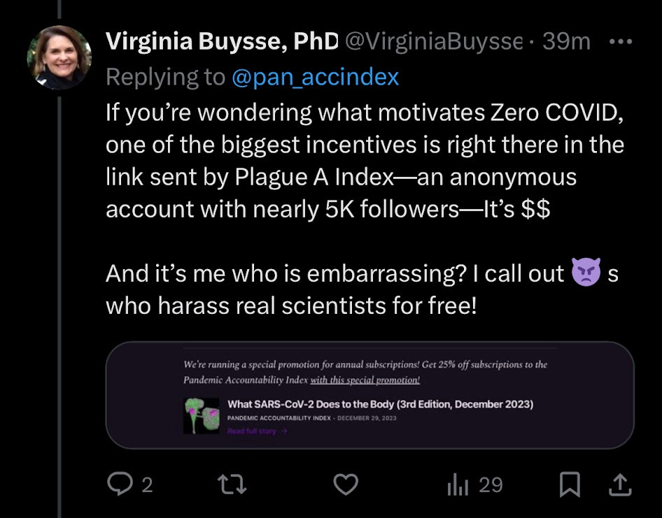 Virginia Buysee tweets: "what motivates Zero COVID is $$ - I call out devil emojis who harass real scientists for free" Virginia Buysee tweets: "what motivates Zero COVID is $$ - I call out devil emojis who harass real scientists for free"