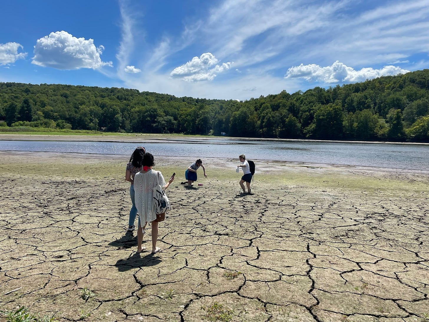 Four people stand near a lake, two of them have their legs stuck in mud