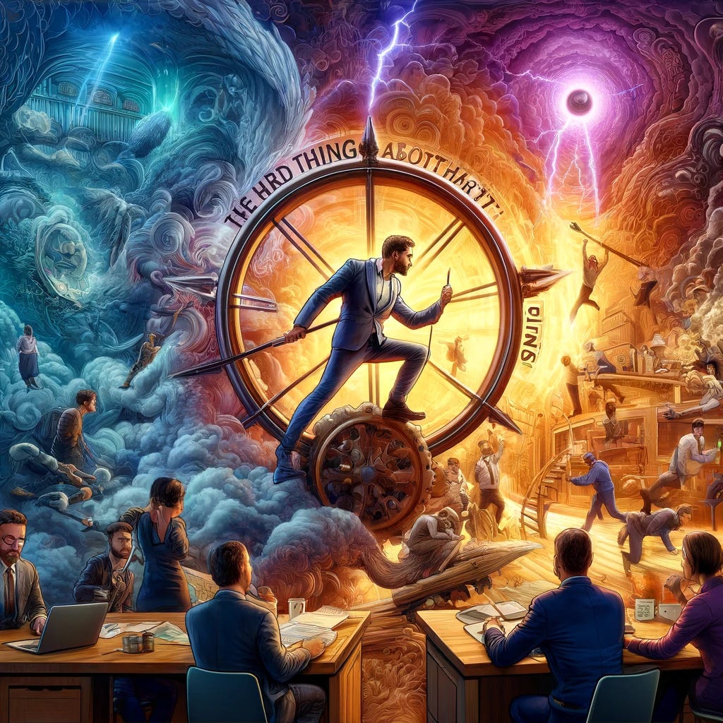 the image inspired by "The Hard Thing About Hard Things" by Ben Horowitz. The illustration captures the essence of leadership challenges in a startup environment, featuring a determined CEO navigating through metaphorical storms and obstacles in a chaotic office setting. This vivid portrayal reflects the dynamic and intense atmosphere of startup leadership as described in the book. the image inspired by "The Hard Thing About Hard Things" by Ben Horowitz. The illustration captures the essence of leadership challenges in a startup environment, featuring a determined CEO navigating through metaphorical storms and obstacles in a chaotic office setting. This vivid portrayal reflects the dynamic and intense atmosphere of startup leadership as described in the book.