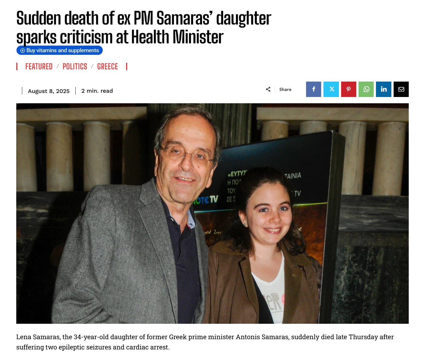 Lena Samaras 34-Year Old Daughter of Former Greek Prime Minister Antonis Samaras Died with Refractory Seizures